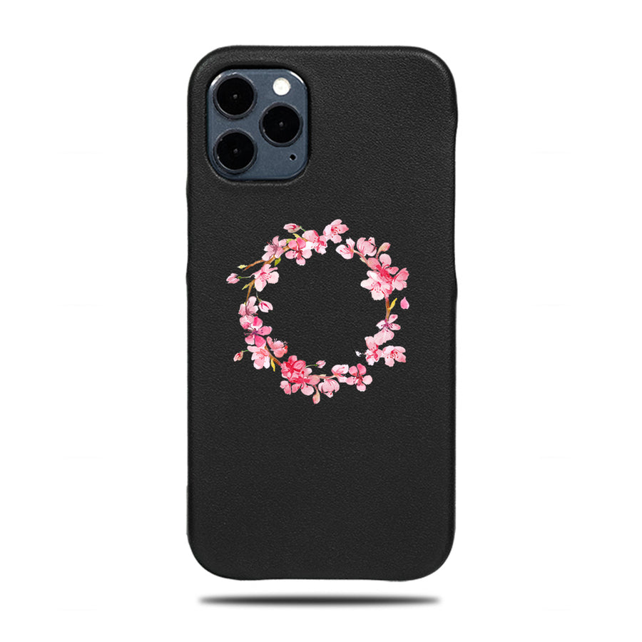 Personalized Apple iPhone Cases-Personalized Pink Flowers iPhone 12 Pro Black Leather Case-iPhone 12 Pro Leather Snap-On Case-Kulör Cases