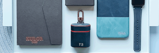 Beautiful blue flat lay of iPhone and Airpod cases by Tasnim & Farah-Kulör Cases