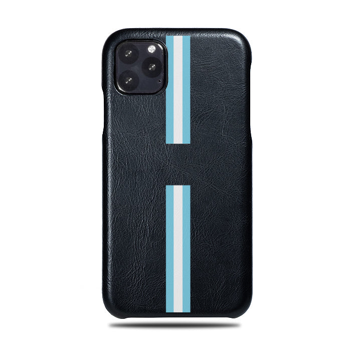 Personalized Hand Printed Blue Stripe iPhone 11 Pro Max Black Leather Case