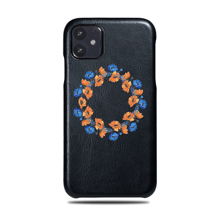 Personalized Orange & Blue Flowers iPhone 11 Black Leather Case