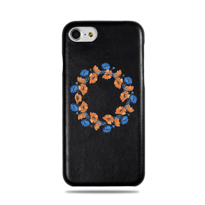 Personalized Orange & Blue Flowers iPhone SE 2 (2020) / iPhone 8 / iPhone 7 Black Leather Case-iPhone 7 Leather Snap-On Case-Kulör Cases