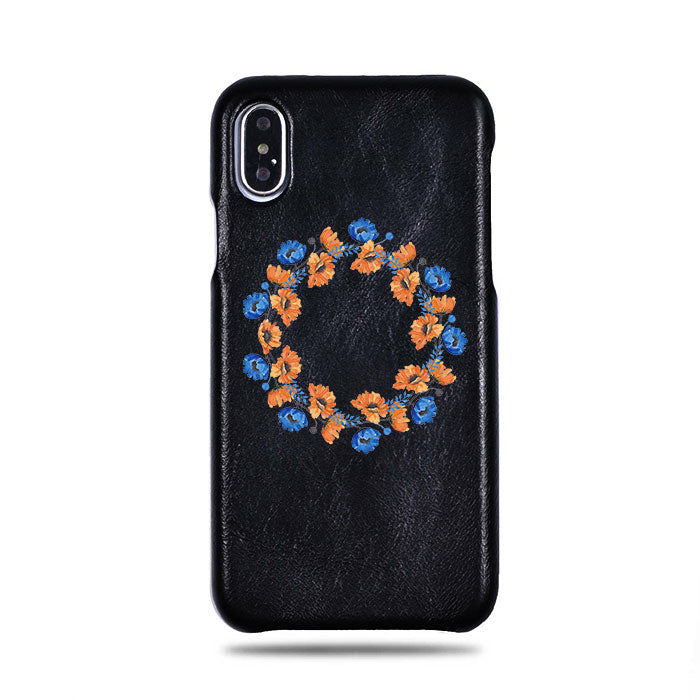 Personalized Orange & Blue Flowers iPhone Xs / iPhone X Black Leather Case