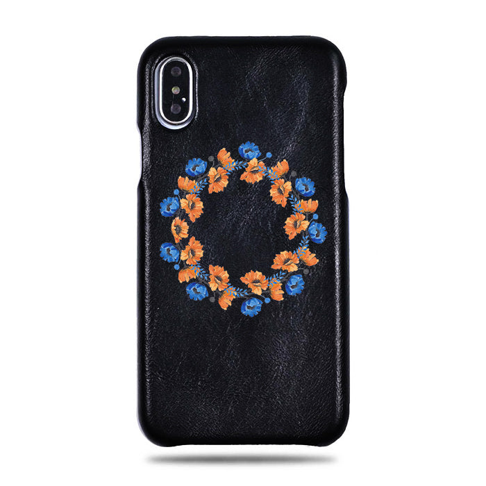 Personalized Orange & Blue Flowers iPhone Xs Max Black Leather Case