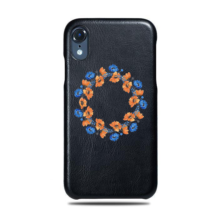 Personalized Orange & Blue Flowers iPhone XR Black Leather Case