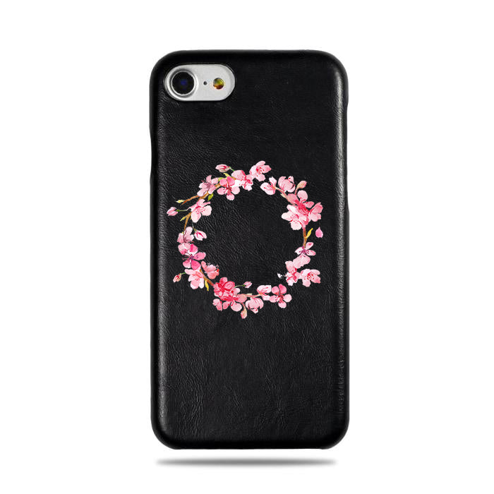 Personalized Pink Flowers iPhone SE 2 (2020) / iPhone 8 / iPhone 7 Black Leather Case-iPhone 7 Leather Snap-On Case-Kulör Cases
